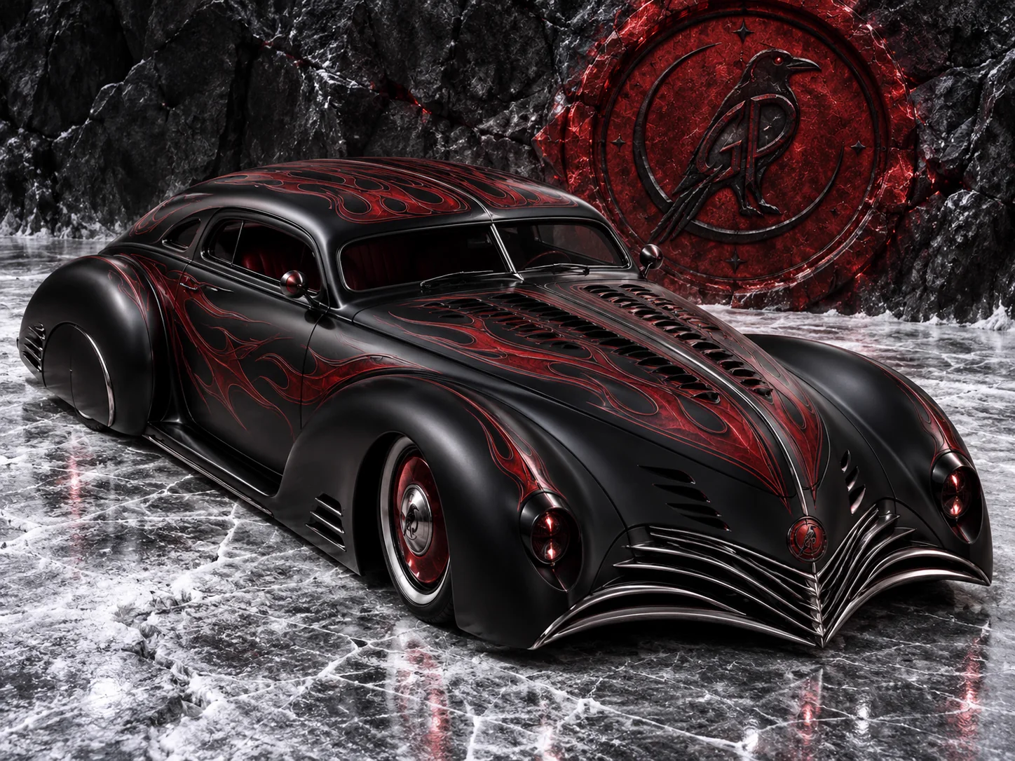 A black streamlined coupé with hand-painted crimson flames on cracked ice