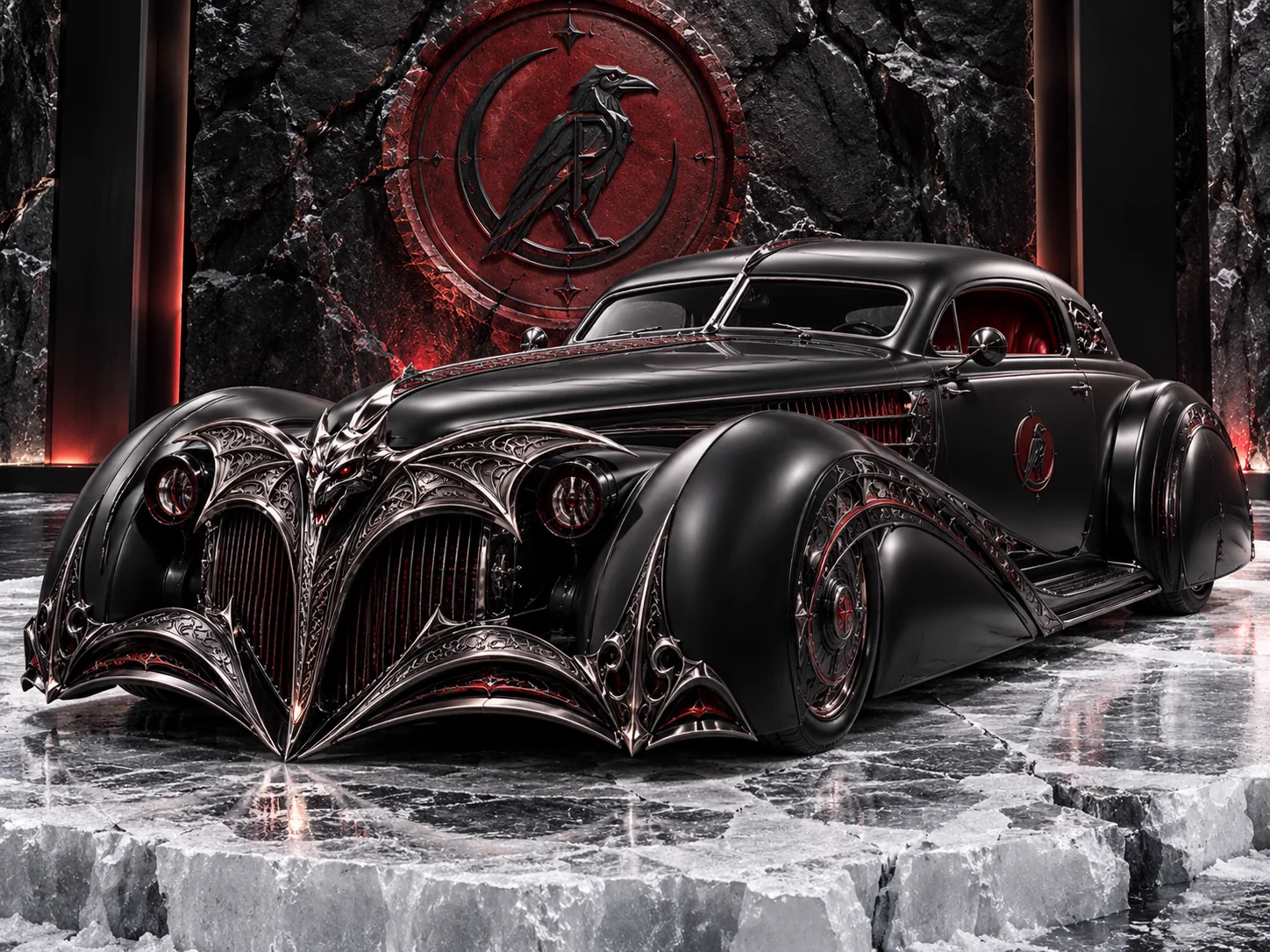 A black coupé with a pierced gothic chrome grille on a cracked ice floor before the raven seal