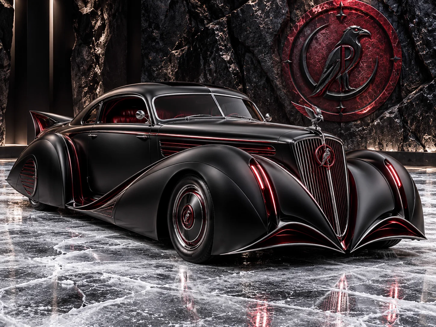 A black art deco coupé with a raven bonnet mascot and crimson coachlines in front of the seal