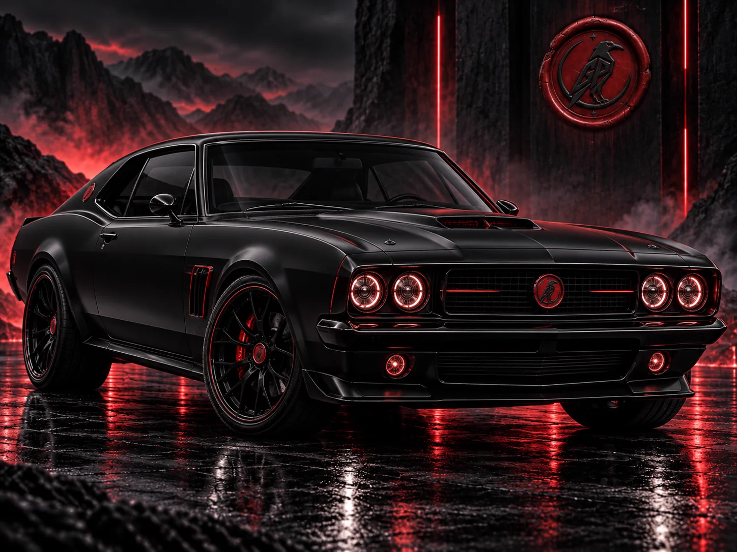 A satin black muscle coupé with red-ringed headlamps on wet stone beneath red mountains