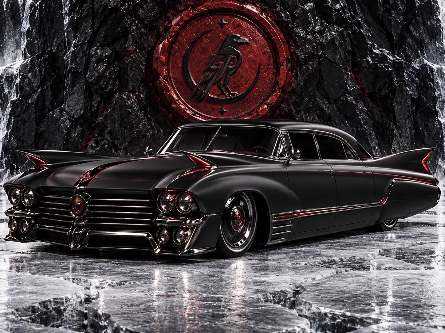 A long finned black limousine with chrome and crimson spears before a frozen rock wall