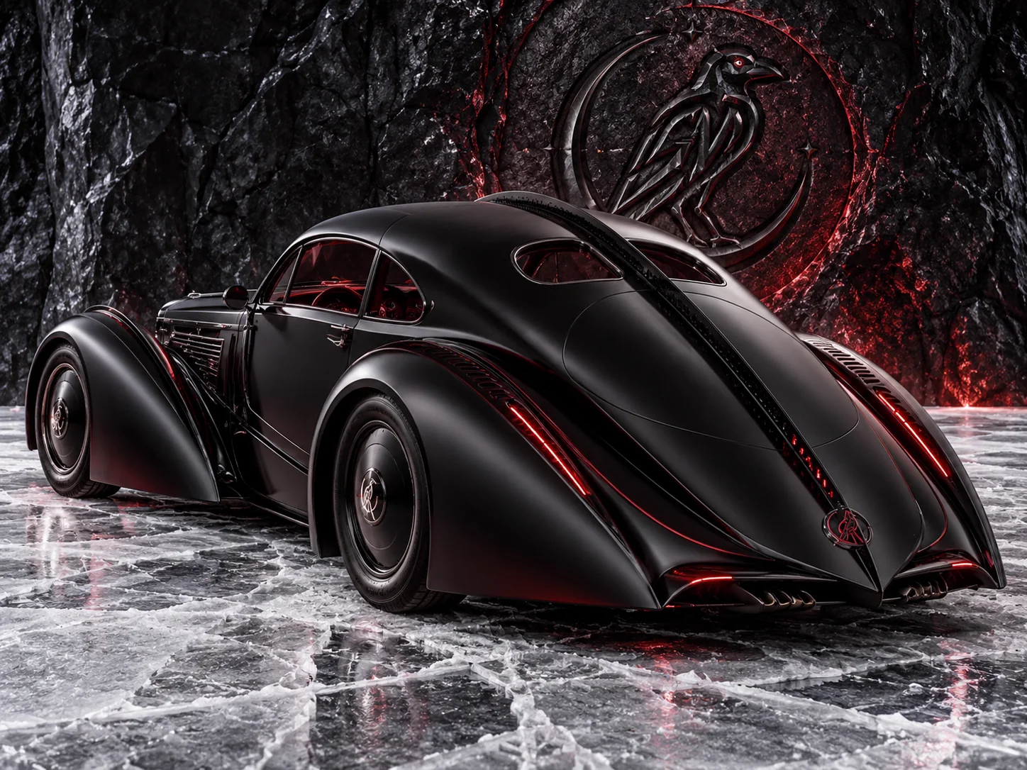 The rear of a black fastback with a riveted spine and crimson light blades on an ice floor