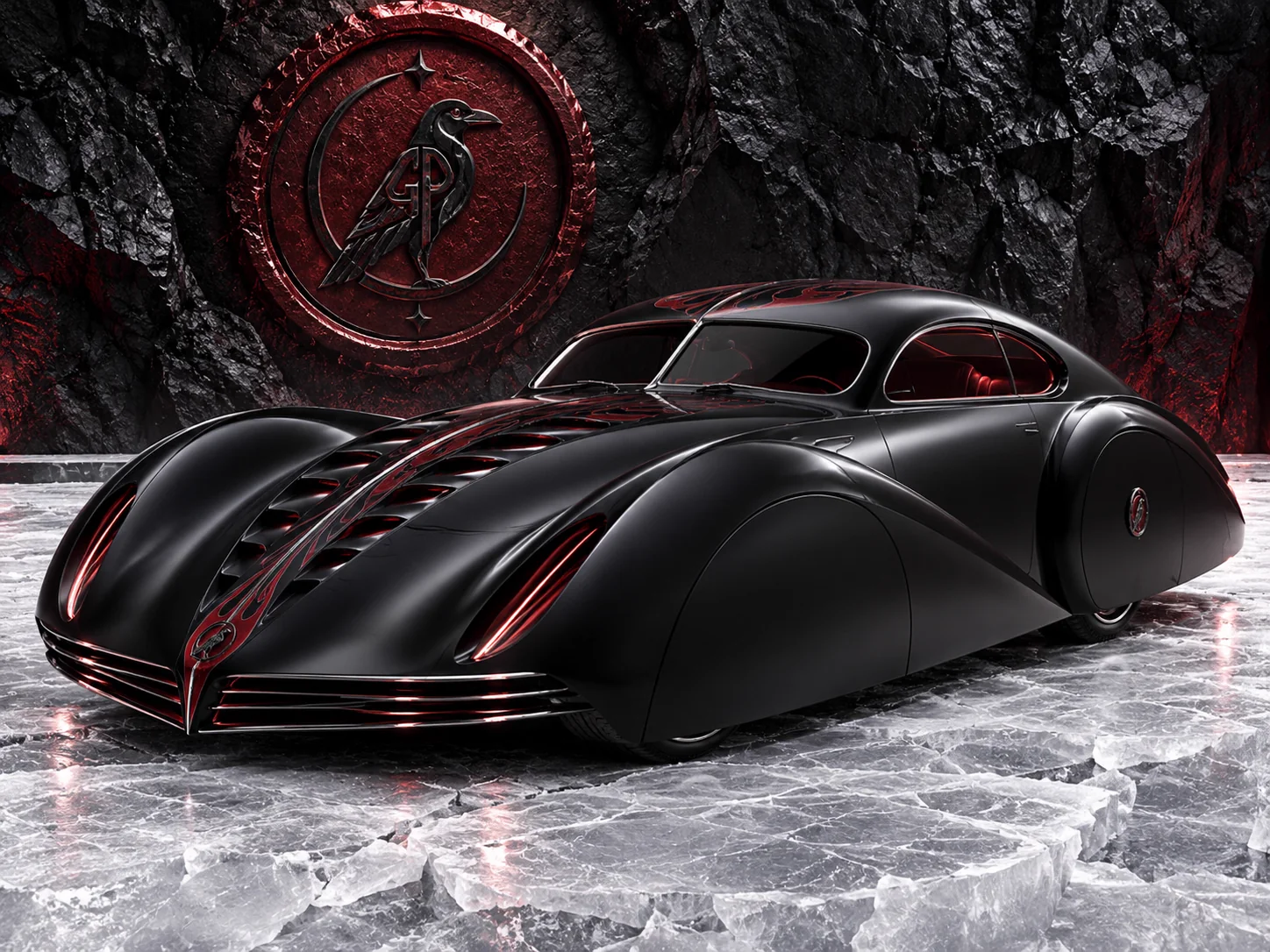 A long black teardrop coupé with red-lit bonnet louvres on cracked ice