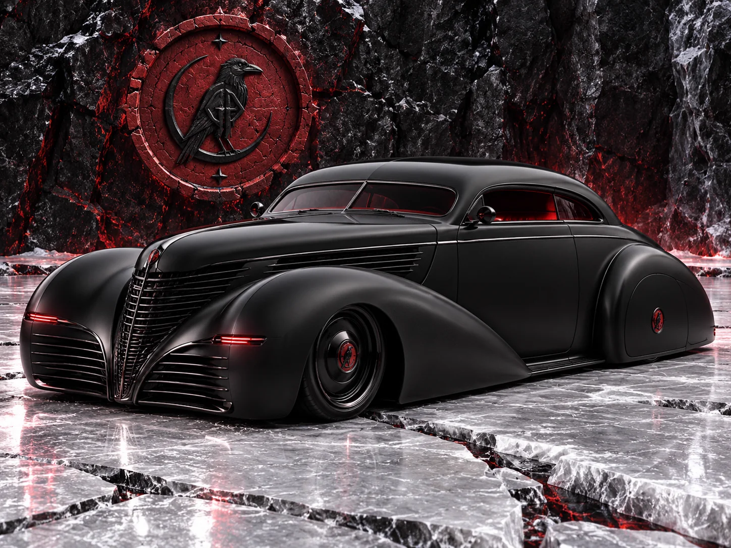 A chopped matte black coupé with an oxblood cabin glowing before the raven seal