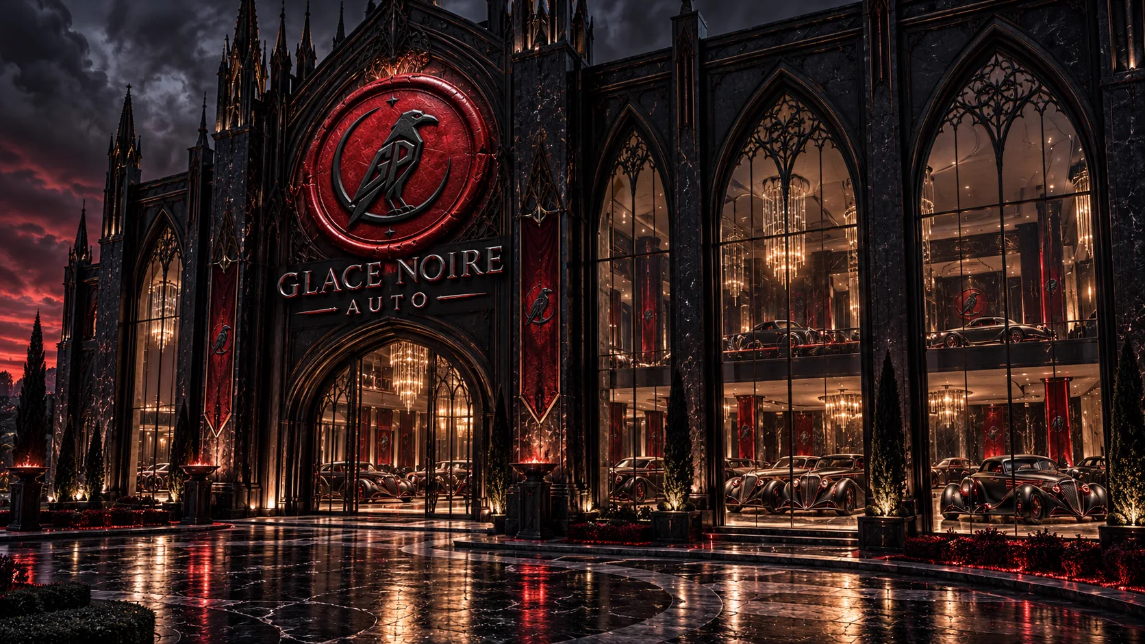 The Glace Noire Auto facade with chandeliers and classic cars behind tall gothic windows