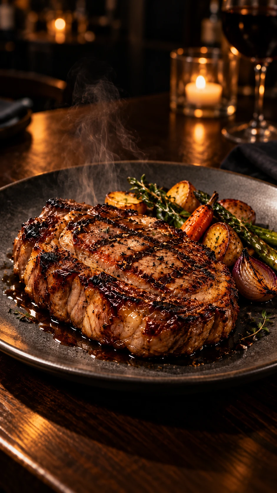 Flame-grilled ribeye with roasted vegetables on a charcoal plate