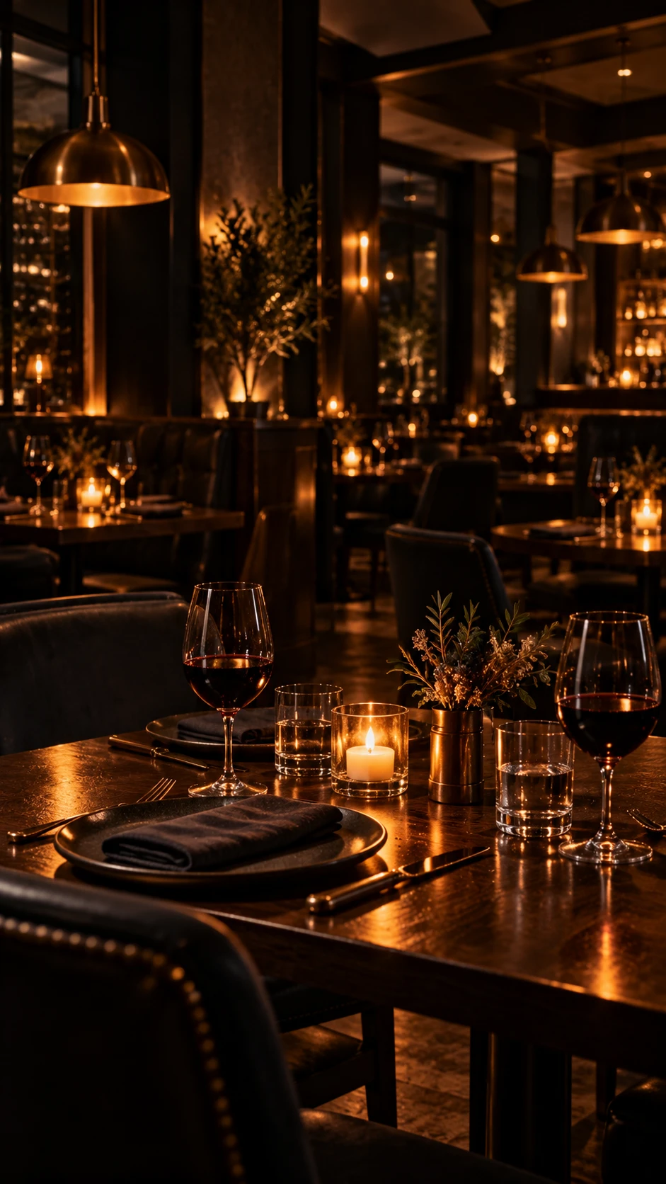 Candlelit walnut tables and amber pendant lights in an intimate dark restaurant