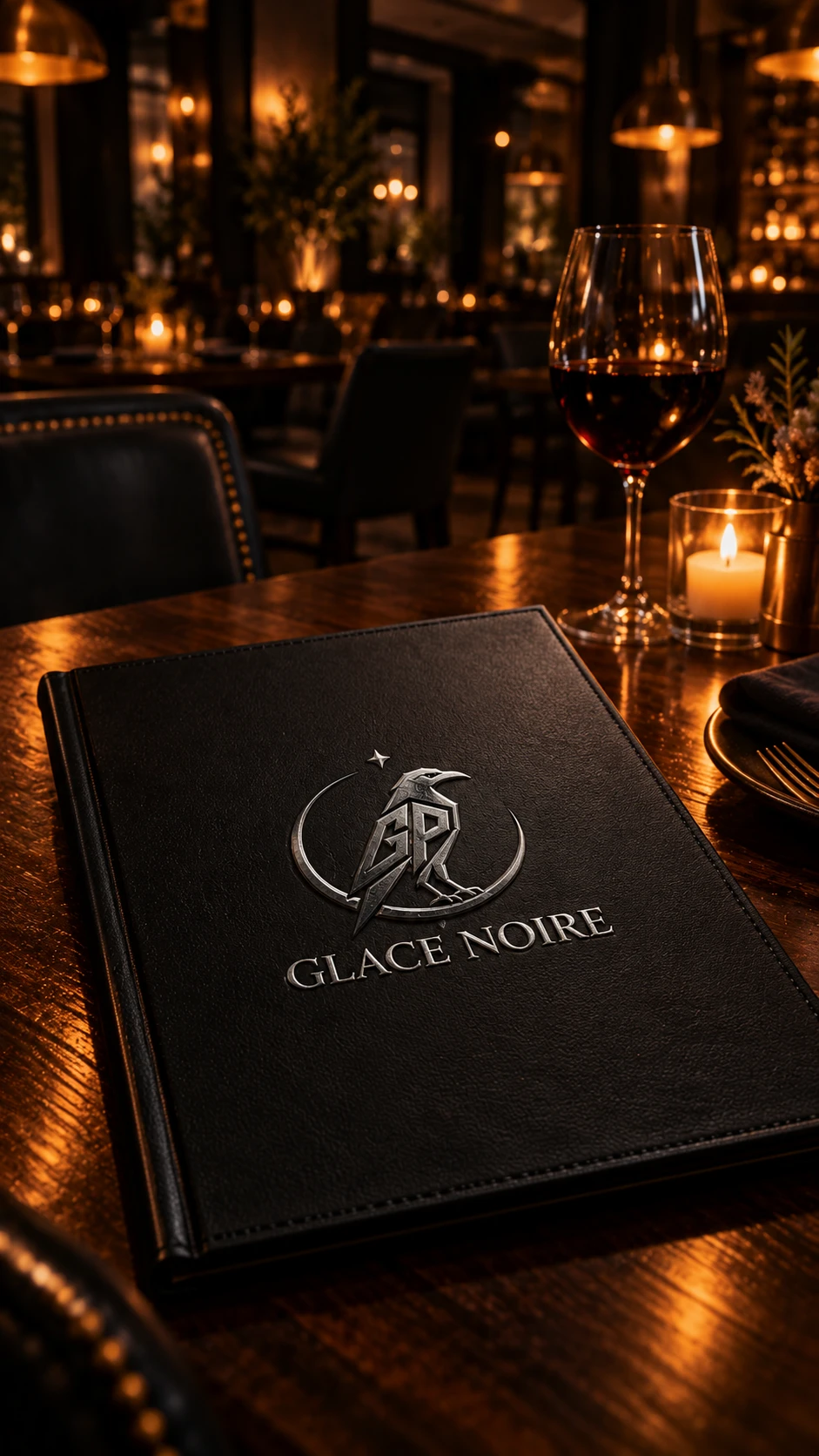GLACE NOIRE silver raven emblem embossed on a black menu beside candlelight and wine