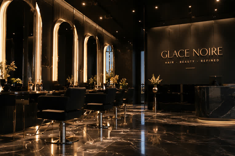 Dark marble salon with gold arched mirrors and black styling chairs