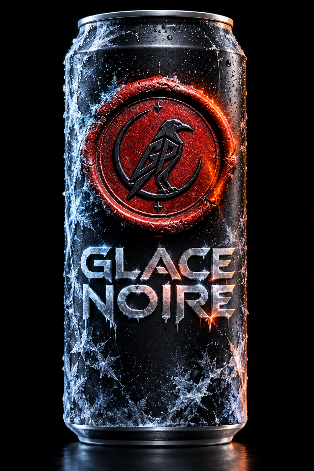 Black GLACE NOIRE can covered in frost, with a glowing red raven emblem