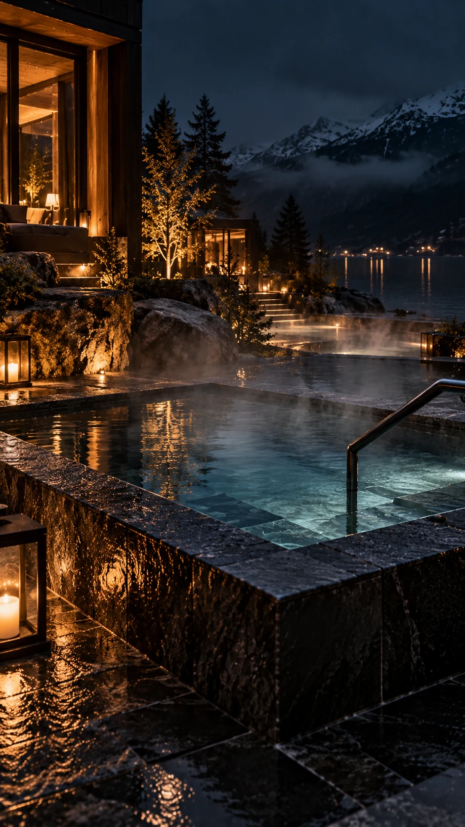 A clear mountain plunge pool beneath the evening sky