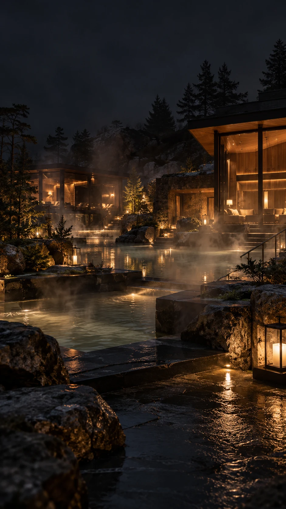 A cinematic night view of the imagined Glace Noire spa