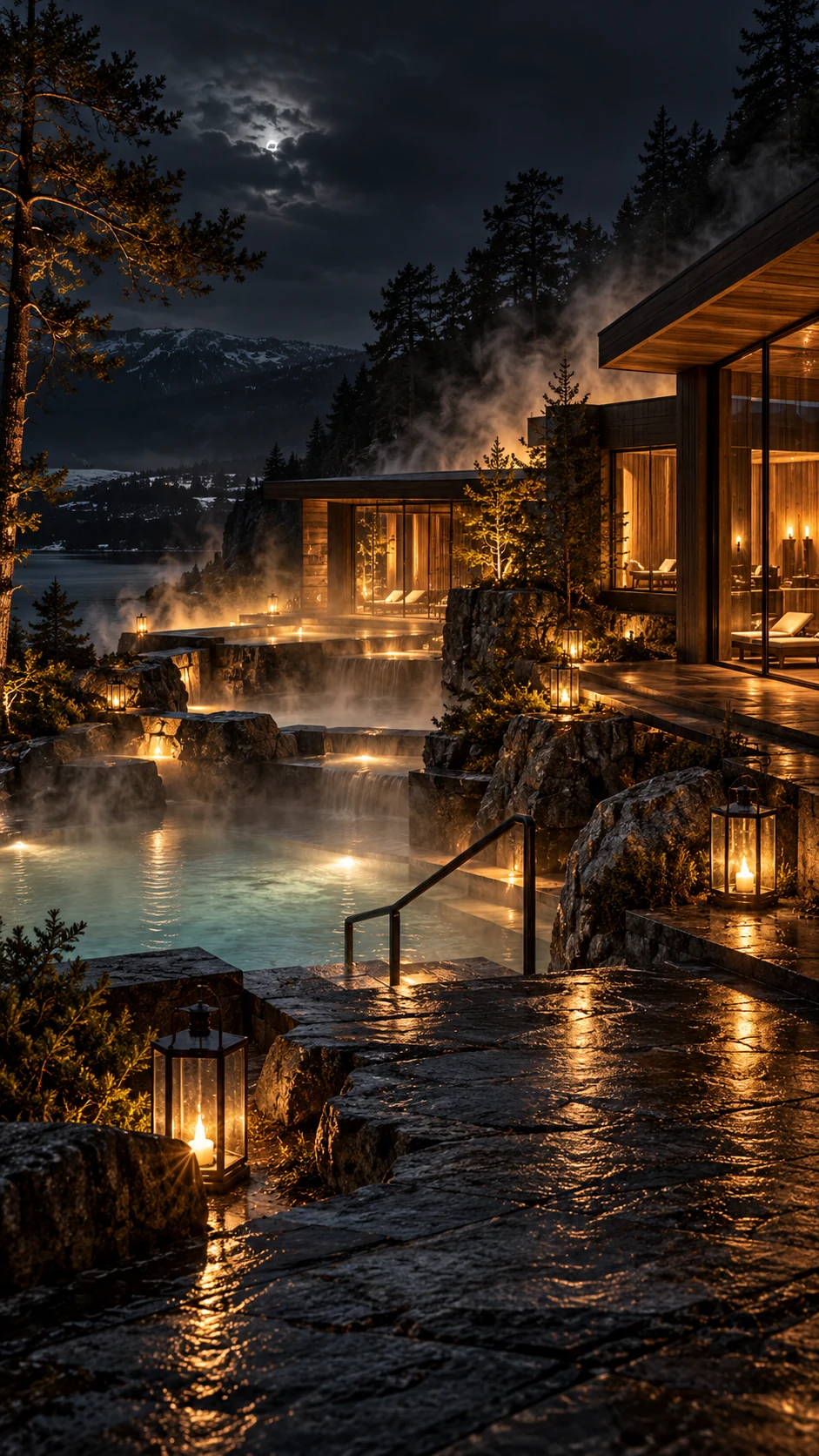 Steaming alpine pools framed by dark stone and warm architectural light
