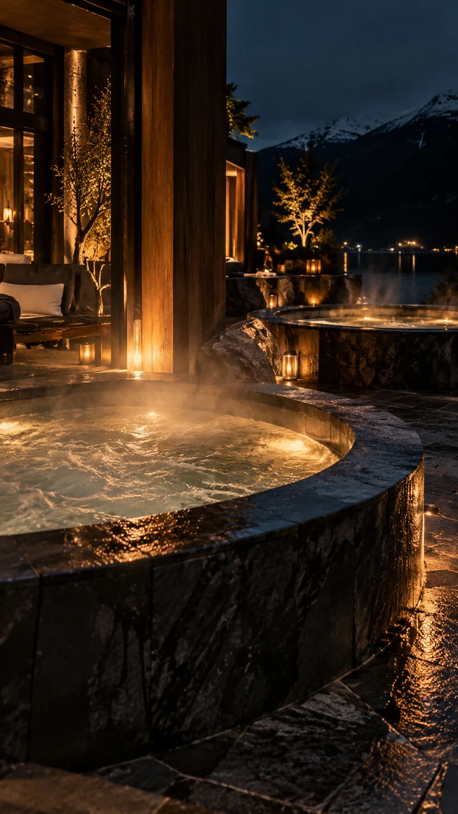 Steam rising from a curved outdoor pool beside a softly illuminated pavilion