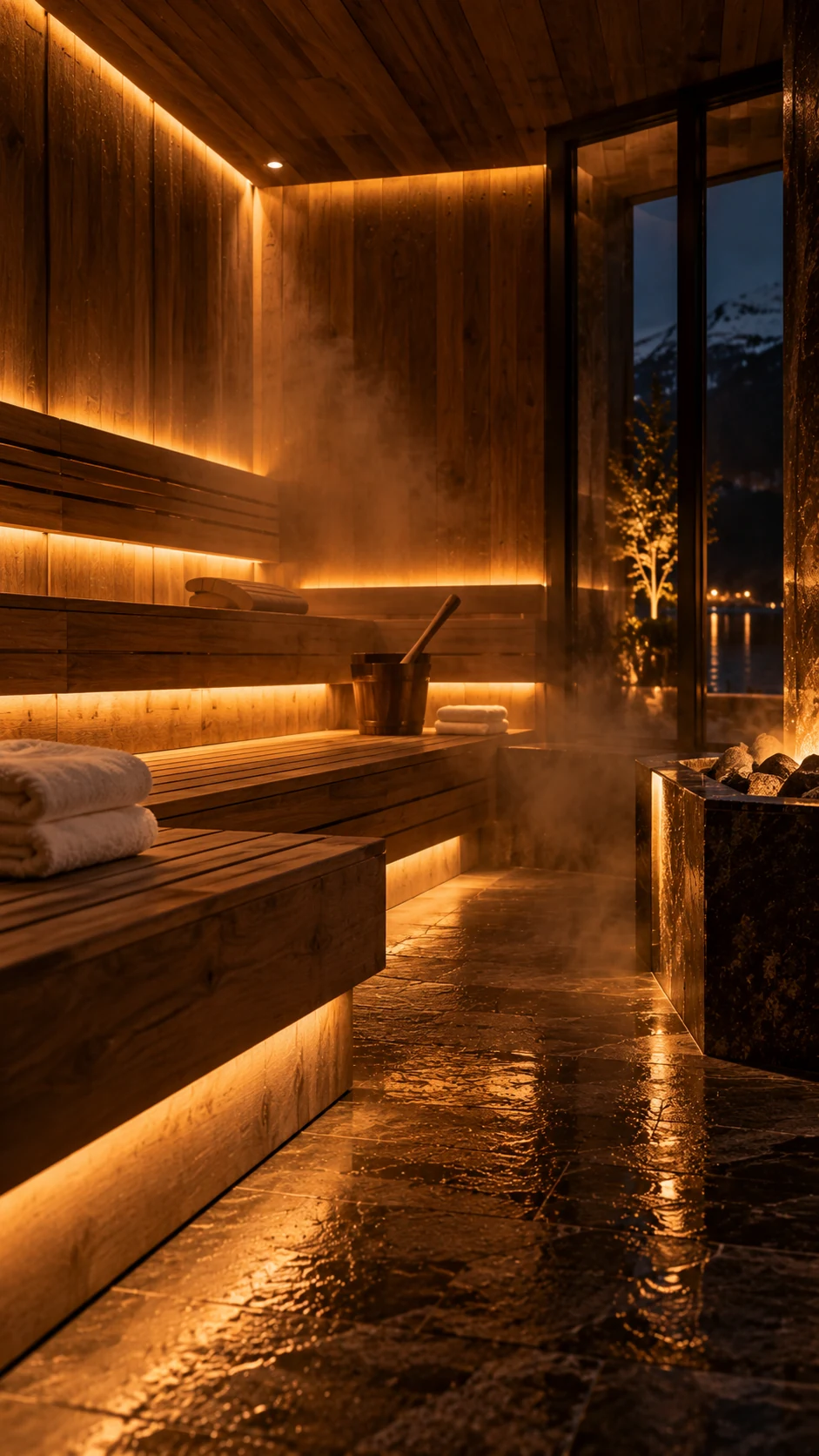Warm amber light along the timber benches of an alpine sauna
