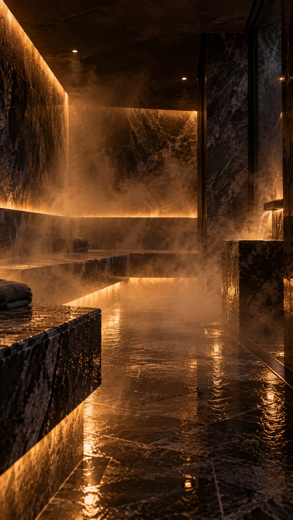 Amber light dissolving into the mist of a dark stone steam room