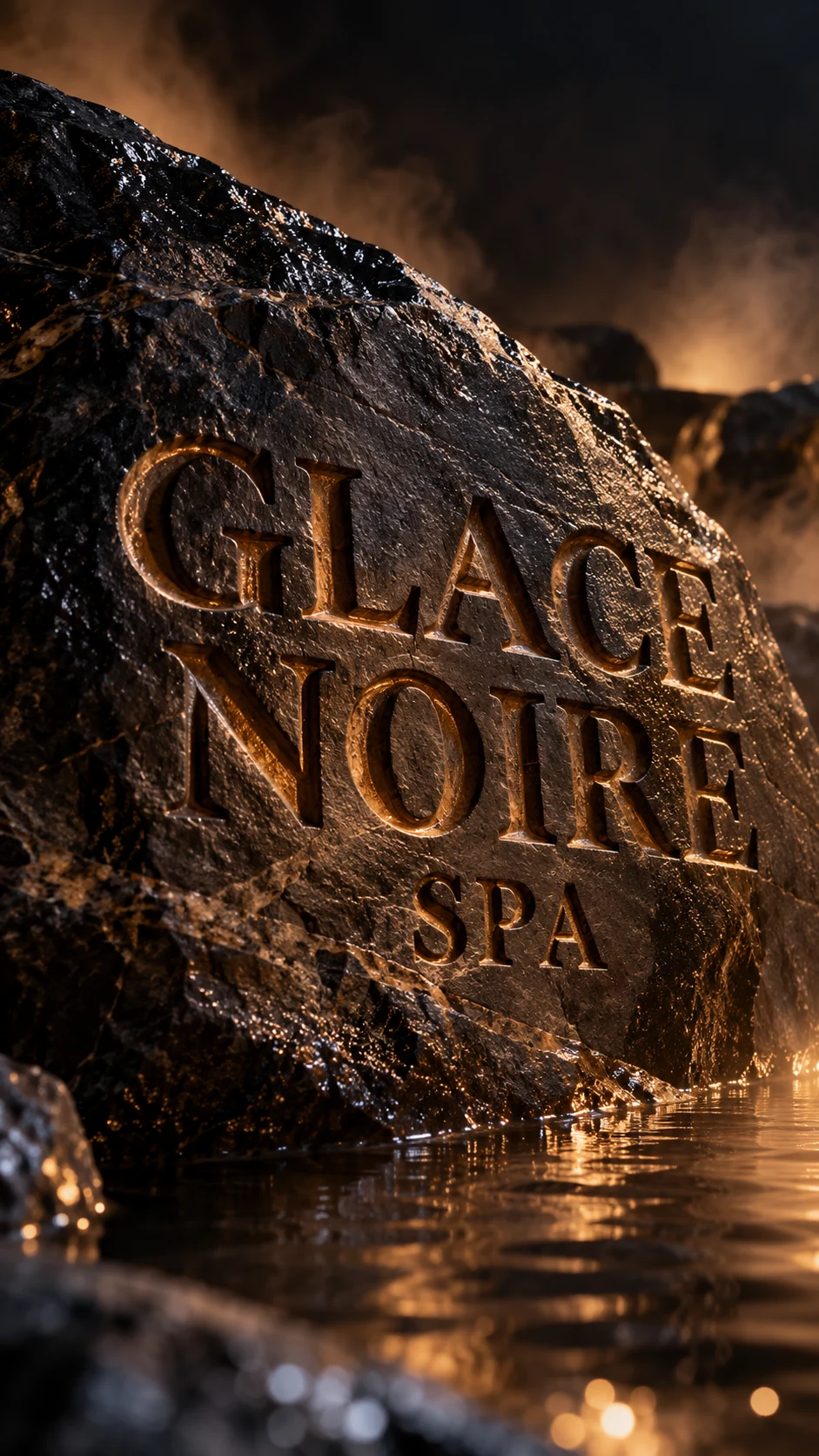 Glace Noire Spa lettering carved into dark stone above reflecting water