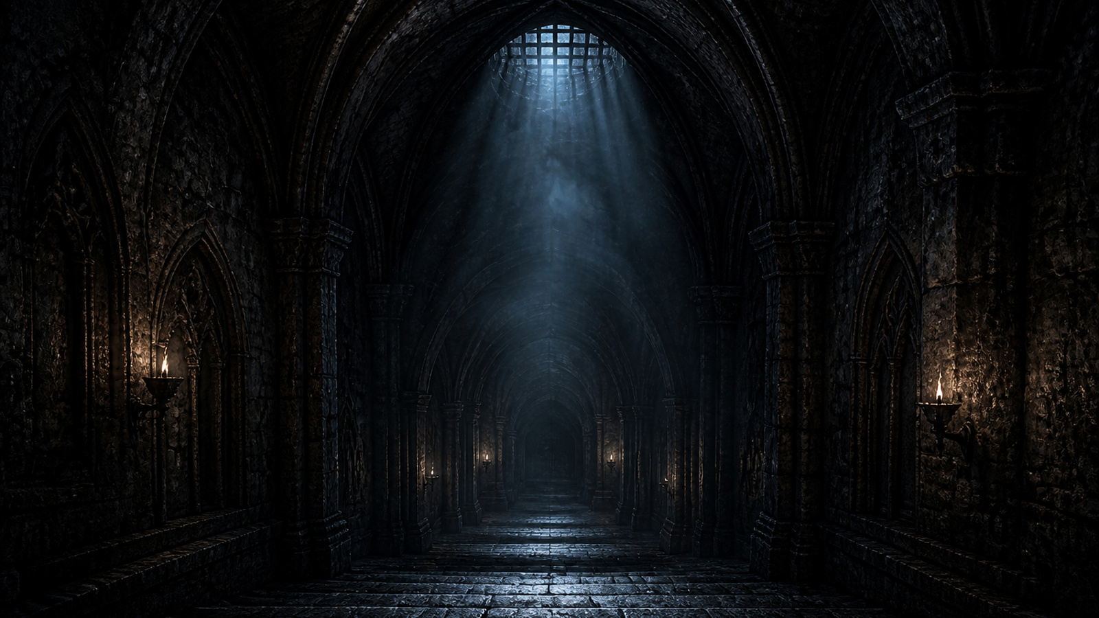 Stone Sanctuary — Crypt Stairs, a gothic stone stairwell with a single shaft of top light