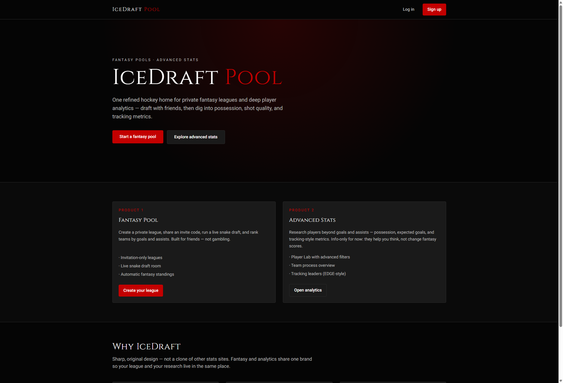 IceDraft Pool homepage with fantasy pool and advanced stats product cards