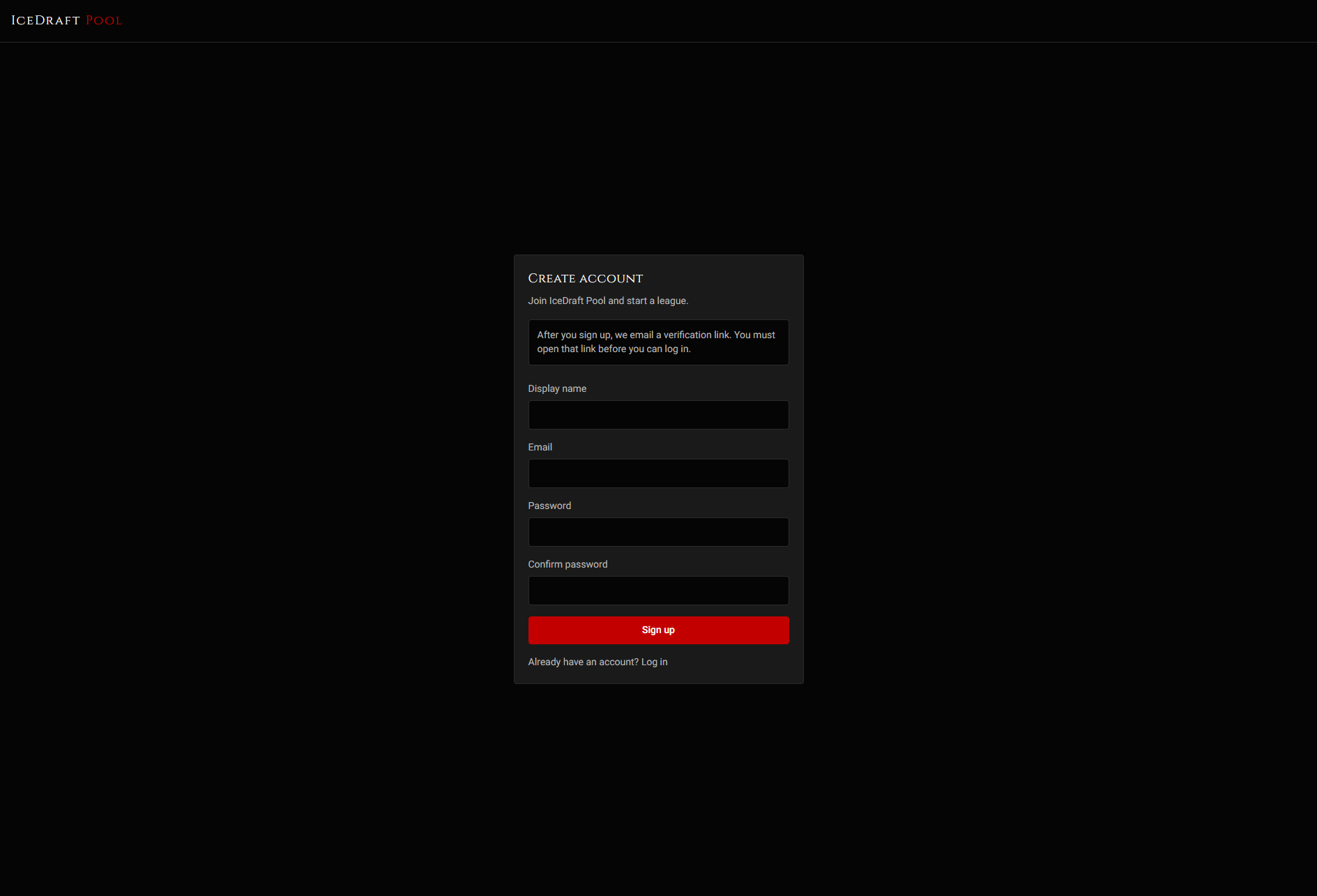 IceDraft Pool create-account screen