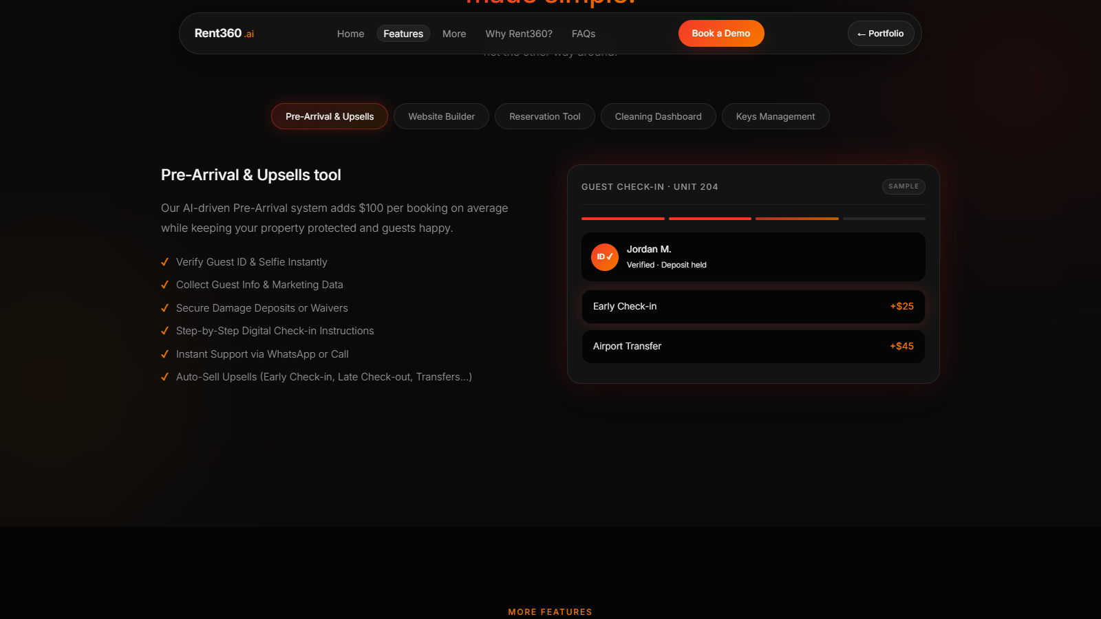 Rent360 feature tab panel showing a guest check-in flow mock with upsell rows