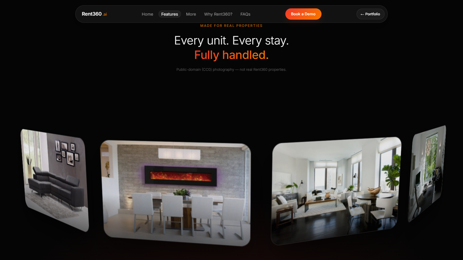 Rent360 scroll-driven ring of interior photographs rotating in 3D perspective