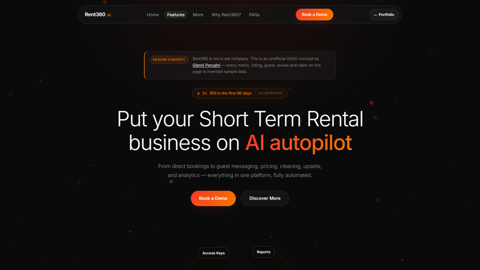 Rent360 hero section with a design-concept disclosure notice above the headline