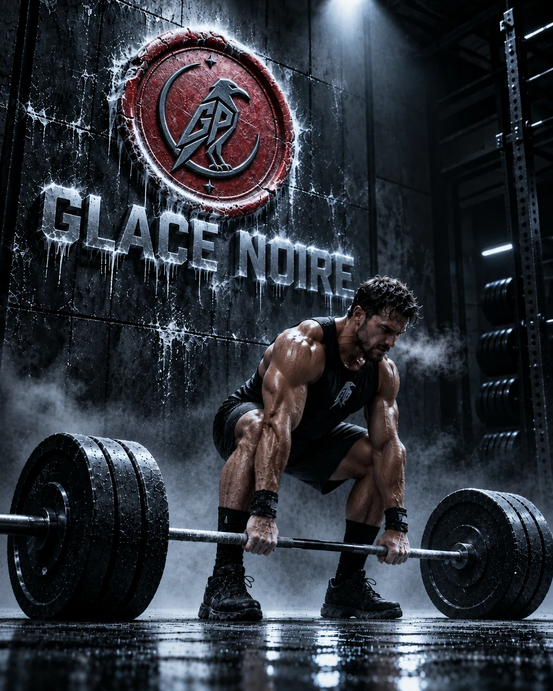 Athlete preparing a deadlift beneath the Glace Noire seal